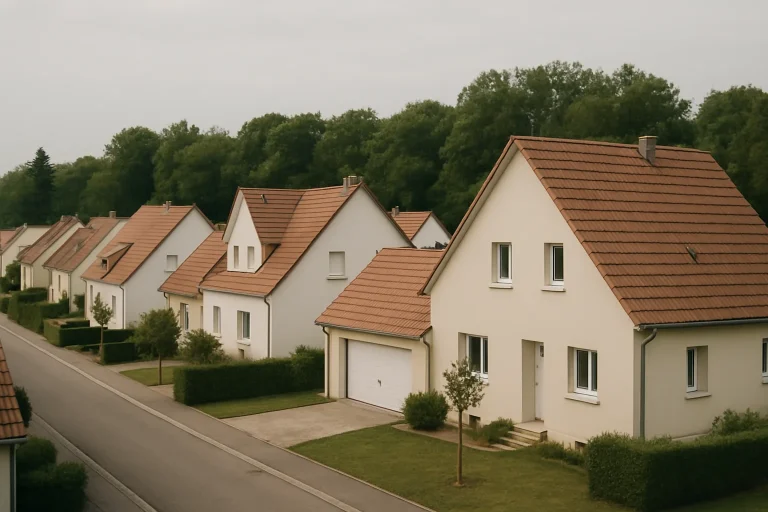 Quartier résidentiel du Bas-Rhin, maisons alignées avec arbres, lumière du jour