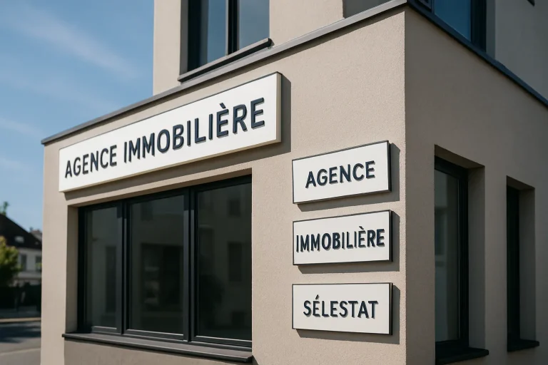 Façade d'une agence immobilière moderne à Sélestat, ciel bleu