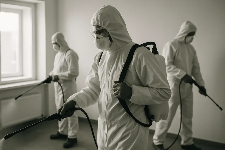 Équipe en combinaison désinfectant une pièce après un décès, vue en noir et blanc