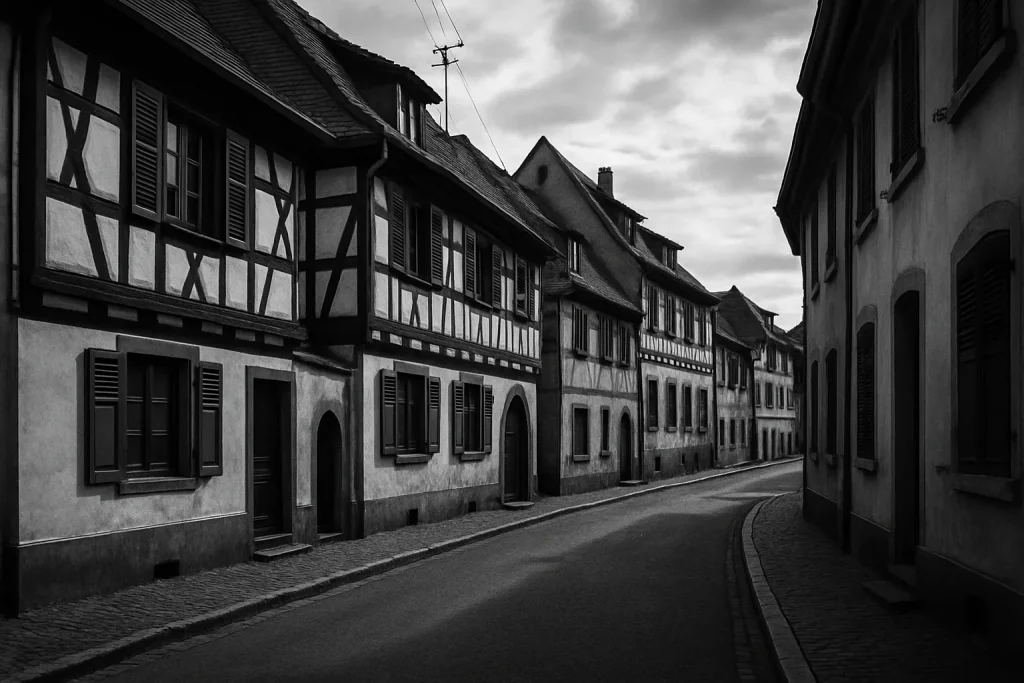 Vue en noir et blanc d'une rue alsacienne déserte, façades typiques visibles