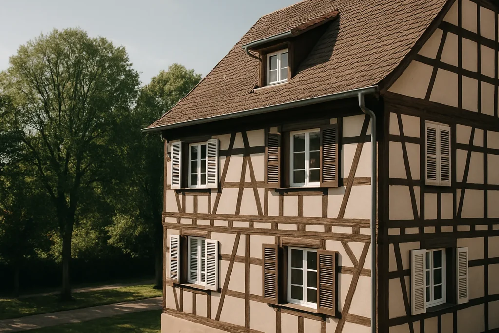 Copropriété alsacienne ensoleillée avec façade en colombage, arbres visibles
