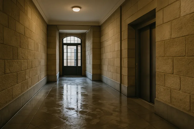 Hall d'immeuble à Strasbourg avec sol mouillé et traces d'eau, lumière douce