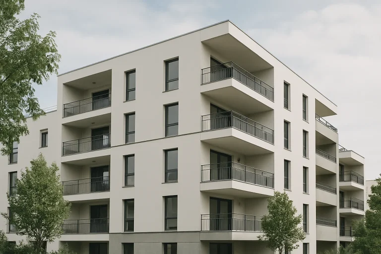 Immeuble résidentiel moderne à Schiltigheim avec ciel nuageux en arrière-plan