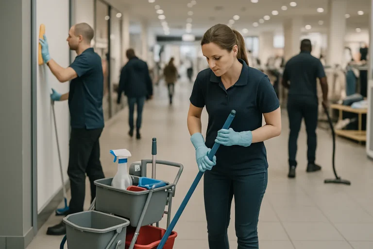 Équipe de nettoyage travaillant dans un magasin à Mulhouse sans interrompre les clients