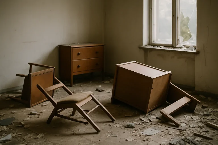 Intérieur d'appartement désordonné après un squat, avec lumière douce.