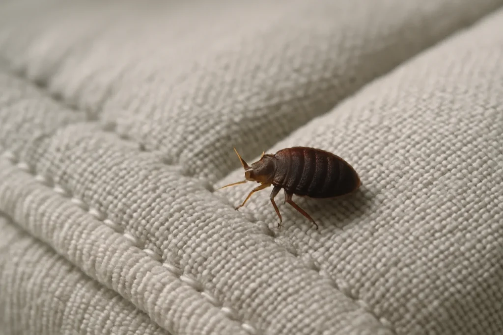 Gros plan d'une punaise de lit sur un matelas avec détails du tissu