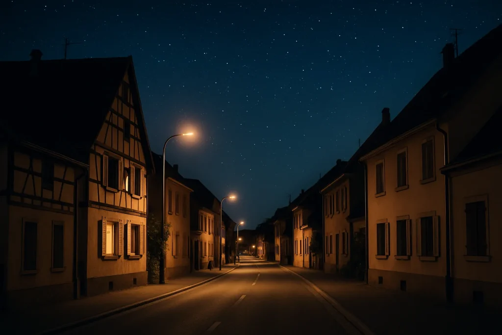 Rue résidentielle en Alsace de nuit, éclairée par des lampadaires, ambiance paisible.