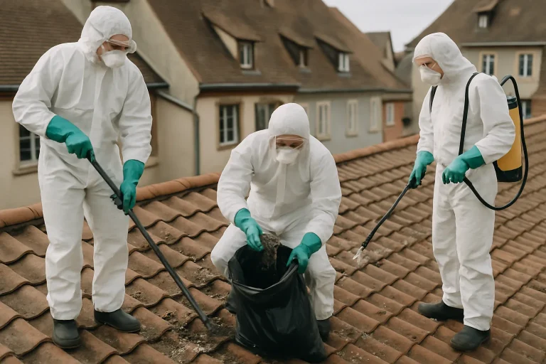 Équipe de nettoyage en équipement de protection retirant des fientes de pigeon sur un toit à Colmar