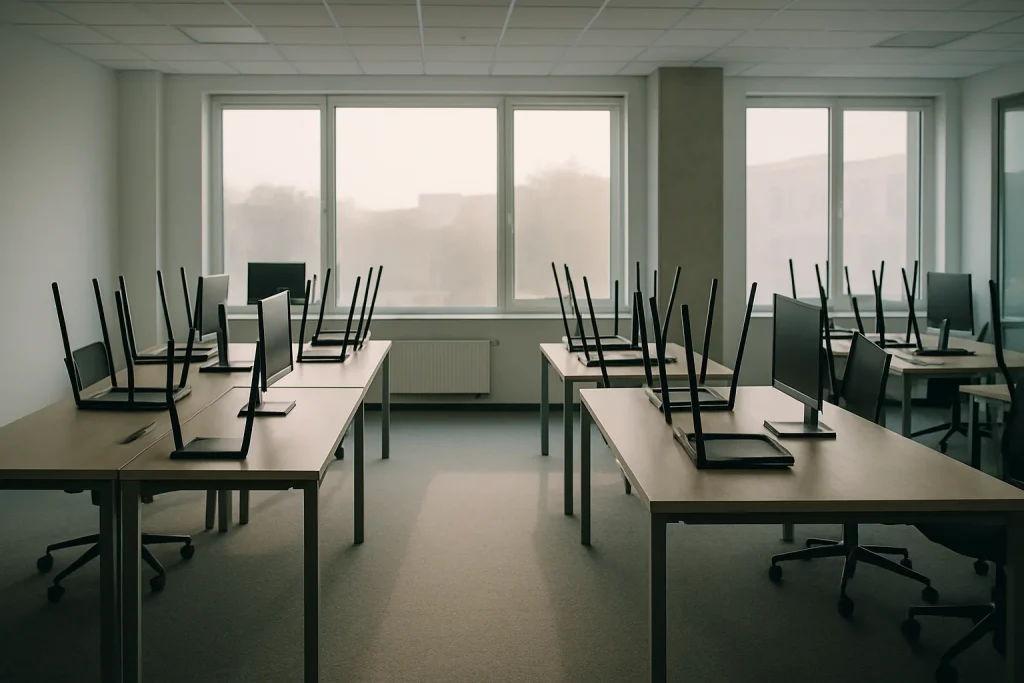Bureau vide avec chaises retournées, lumière douce du matin, grande fenêtre