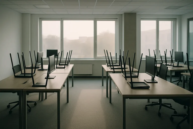 Bureau vide avec chaises retournées, lumière douce du matin, grande fenêtre