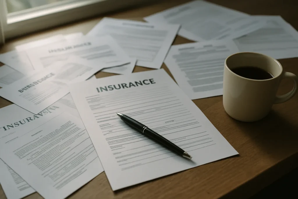 Gros plan sur des documents d'assurance avec un stylo et une tasse de café sur un bureau