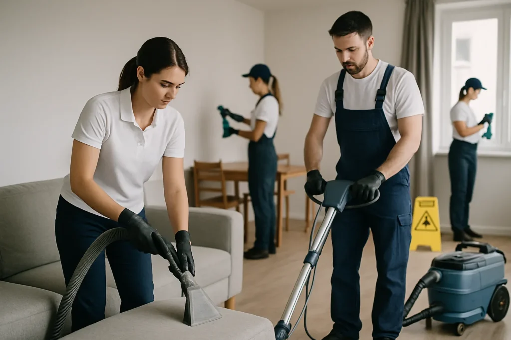 Professionnels nettoyant un appartement insalubre à Colmar, équipements spécialisés visibles.