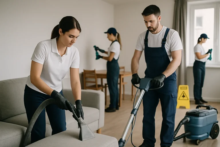 Professionnels nettoyant un appartement insalubre à Colmar, équipements spécialisés visibles.