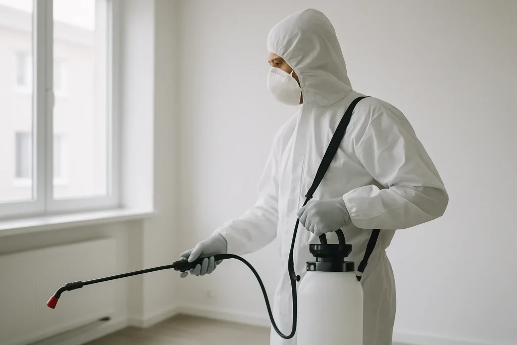 Technicien en combinaison utilise un pulvérisateur dans une pièce lumineuse à Guebwiller.