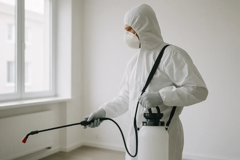 Technicien en combinaison utilise un pulvérisateur dans une pièce lumineuse à Guebwiller.