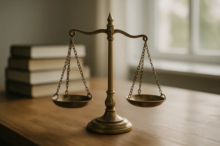 Balance de justice en laiton sur un bureau en bois avec des livres de droit flous en arrière-plan.