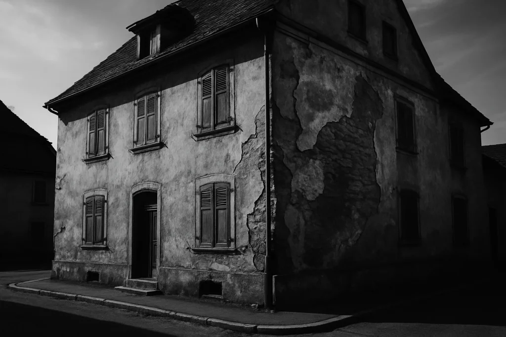 Bâtiment historique du Haut-Rhin endommagé, traces de sinistre visibles