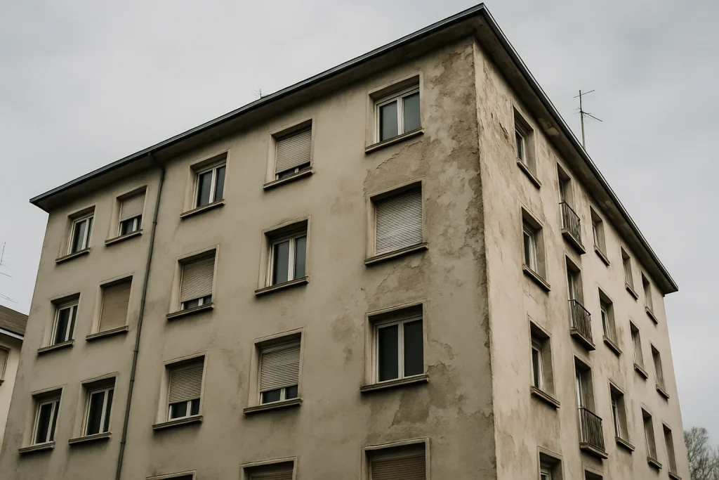 Façade d'un immeuble à Strasbourg montrant des signes de dégradation visible.